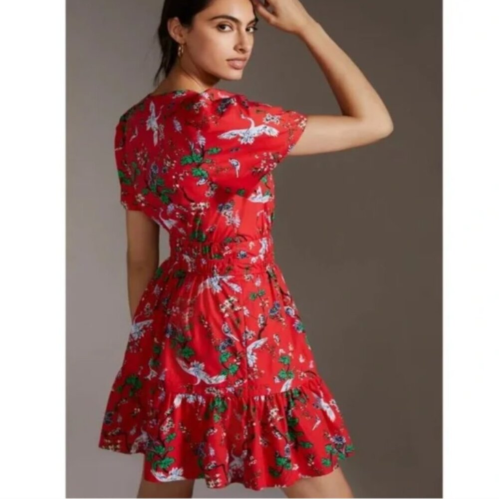 Anthropologie Somerset Mini Dress in Red Floral & Crane Print NWOT - Picture 2 of 8